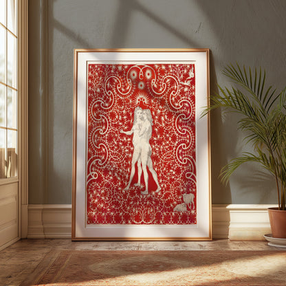 Premium Poster of Intricate Red Art with Figures and Swirls Design Posters