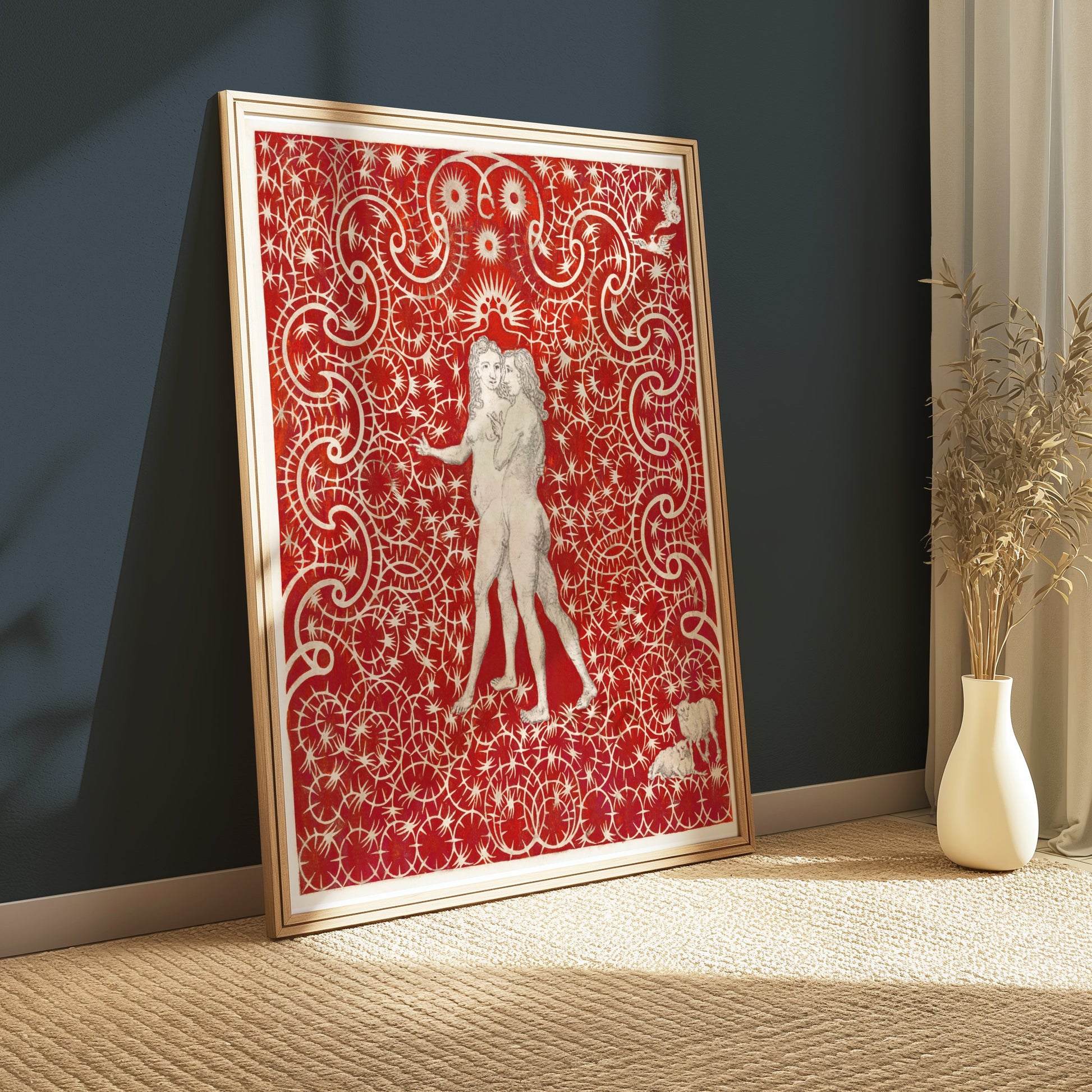 Premium Poster of Intricate Red Art with Figures and Swirls Design Posters