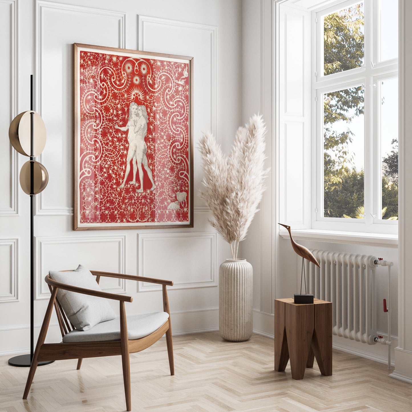 Premium Poster of Intricate Red Art with Figures and Swirls Design Posters