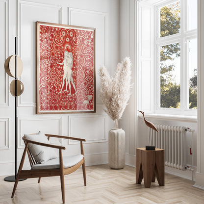 Premium Poster of Intricate Red Art with Figures and Swirls Design Posters