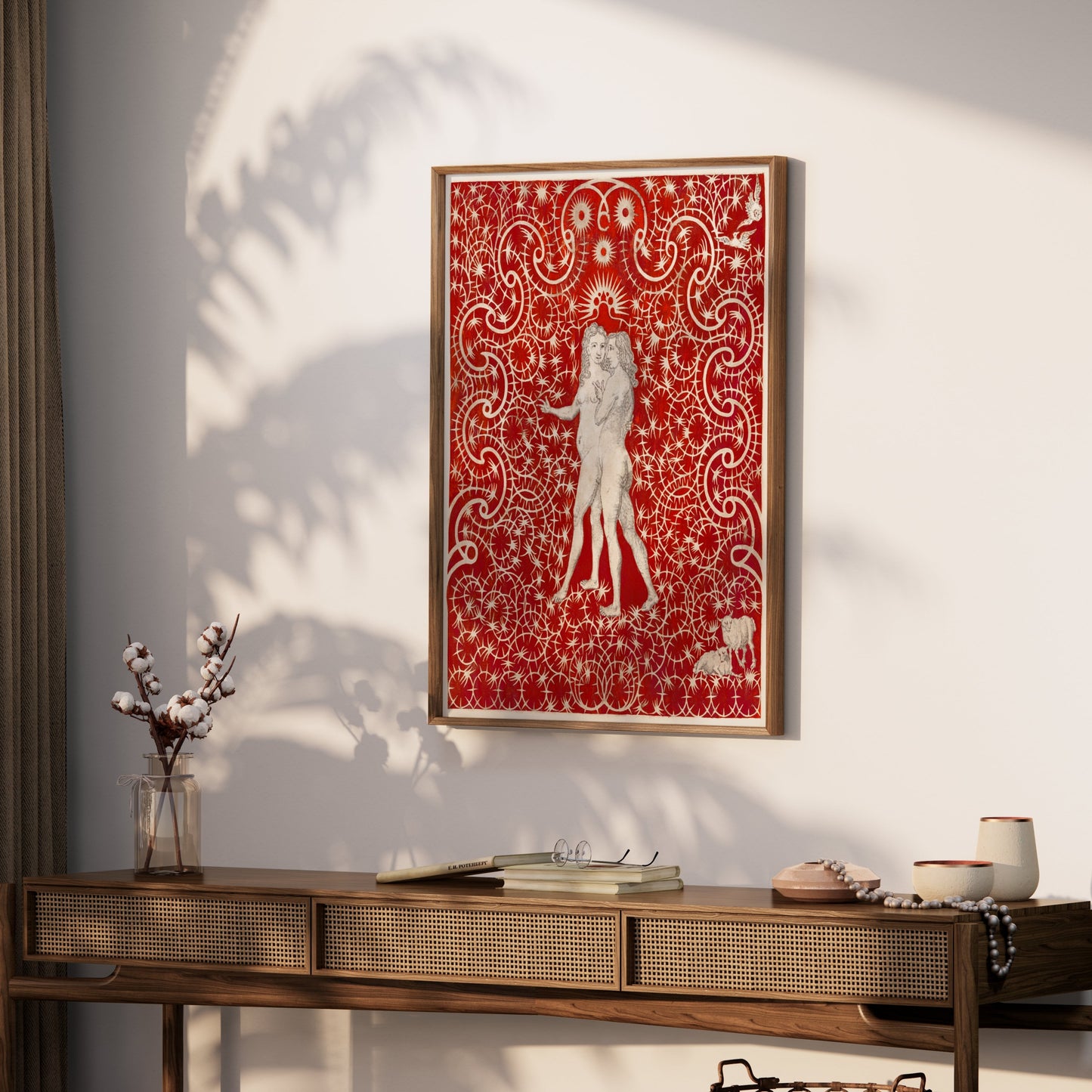 Premium Poster of Intricate Red Art with Figures and Swirls Design Posters
