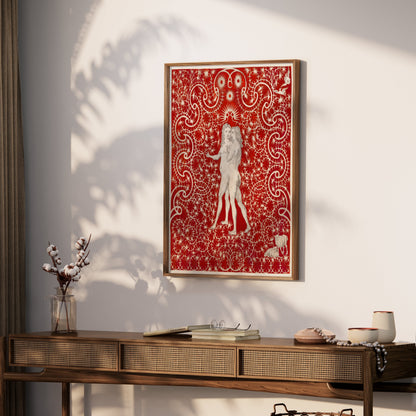 Premium Poster of Intricate Red Art with Figures and Swirls Design Posters