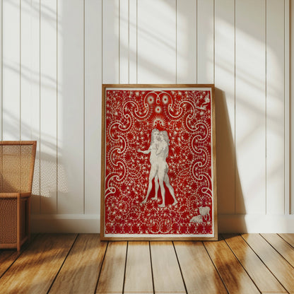 Premium Poster of Intricate Red Art with Figures and Swirls Design Posters