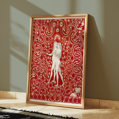 Premium Poster of Intricate Red Art with Figures and Swirls Design Posters