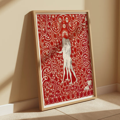 Premium Poster of Intricate Red Art with Figures and Swirls Design Posters
