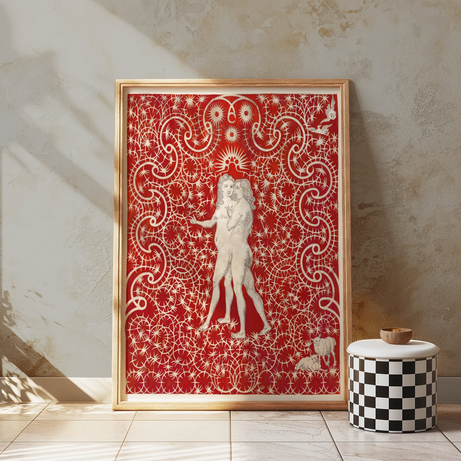 Premium Poster of Intricate Red Art with Figures and Swirls Design Posters