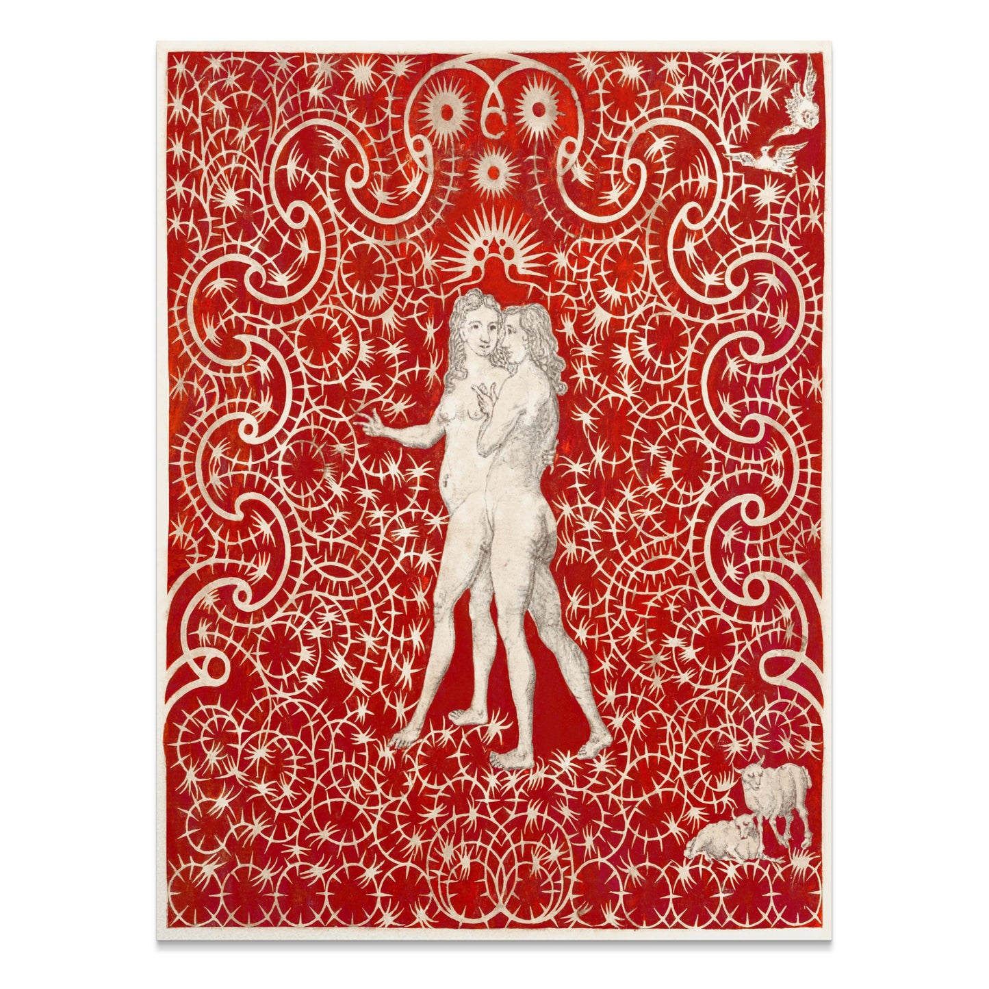 Premium Poster of Intricate Red Art with Figures and Swirls Design Posters