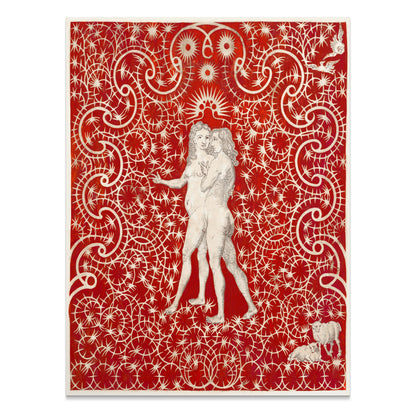 Premium Poster of Intricate Red Art with Figures and Swirls Design Posters