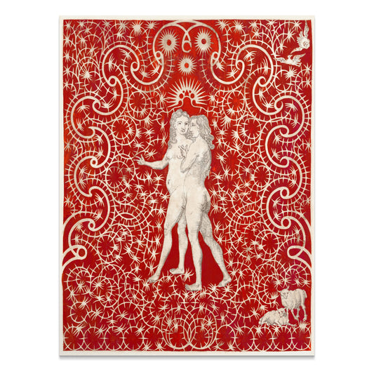 Premium Poster of Intricate Red Art with Figures and Swirls Design Posters