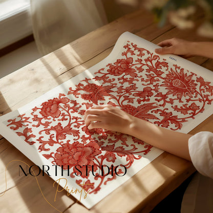 Premium Poster of Intricate Red Floral Pattern Art Print Decor Wall Posters