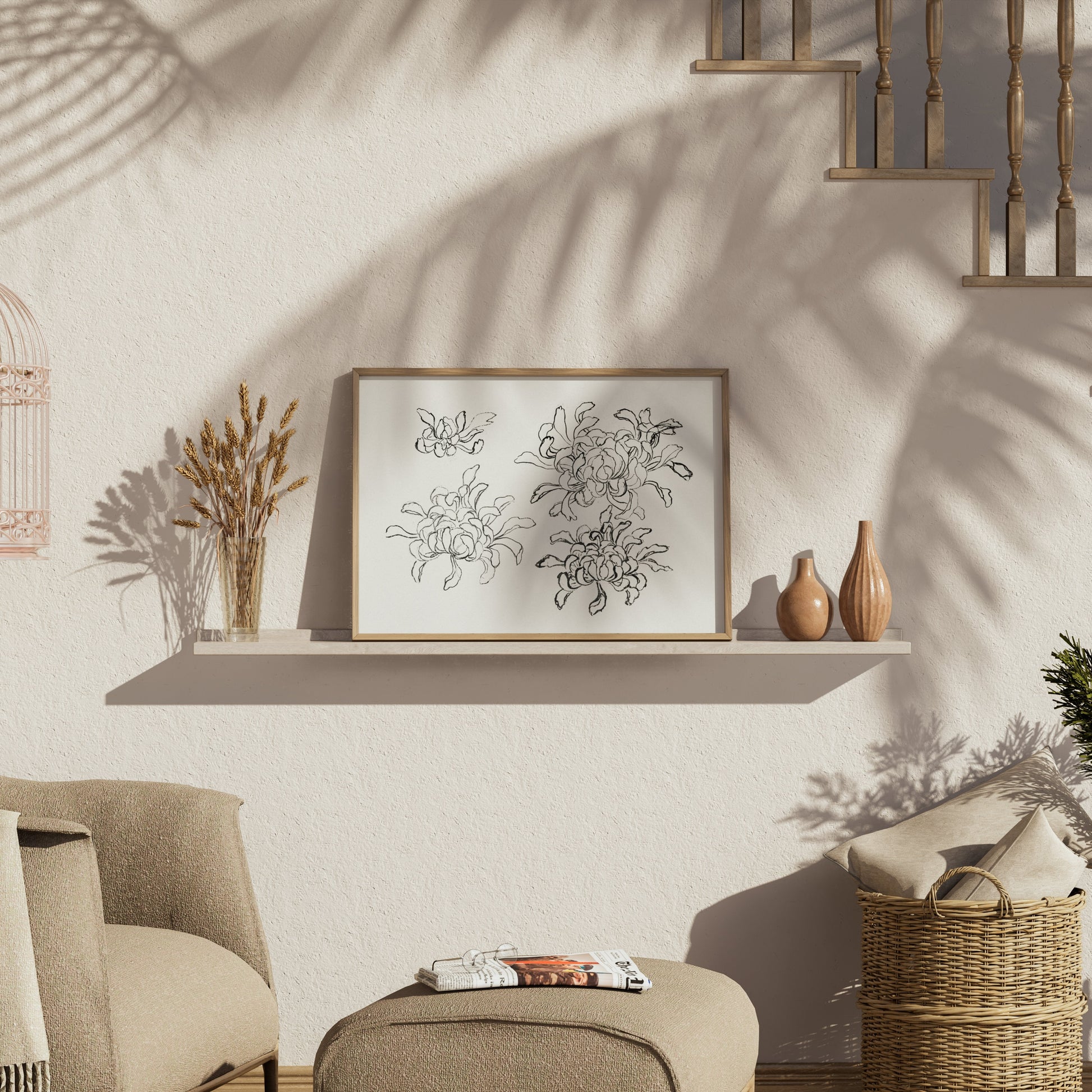 Premium Poster of Japanese Art Chrysanthemum Sketch Wall Decor Posters