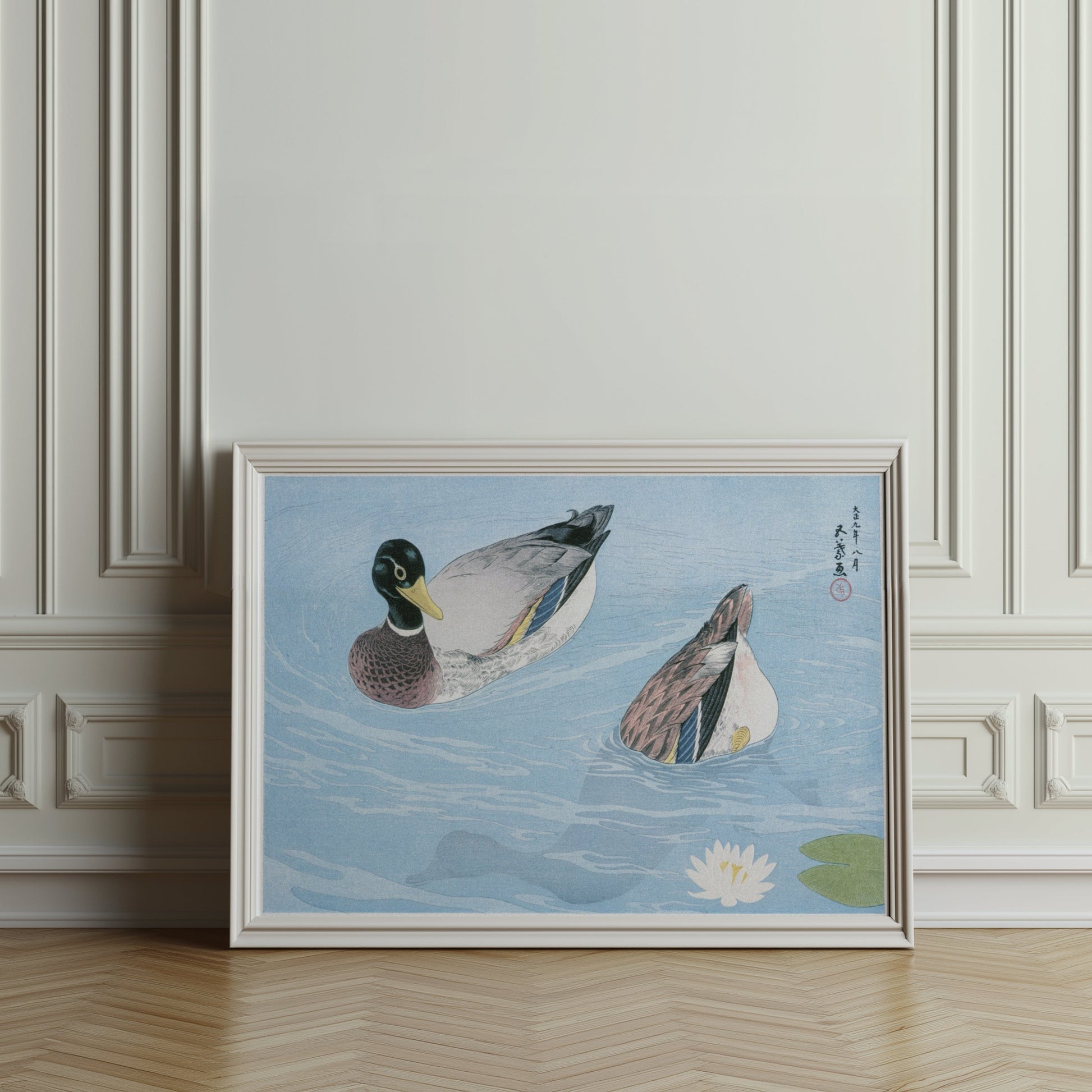 Premium Poster of Japanese Art Duck Swimming in Pond Water Lily Posters