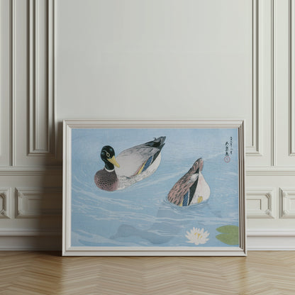 Premium Poster of Japanese Art Duck Swimming in Pond Water Lily Posters