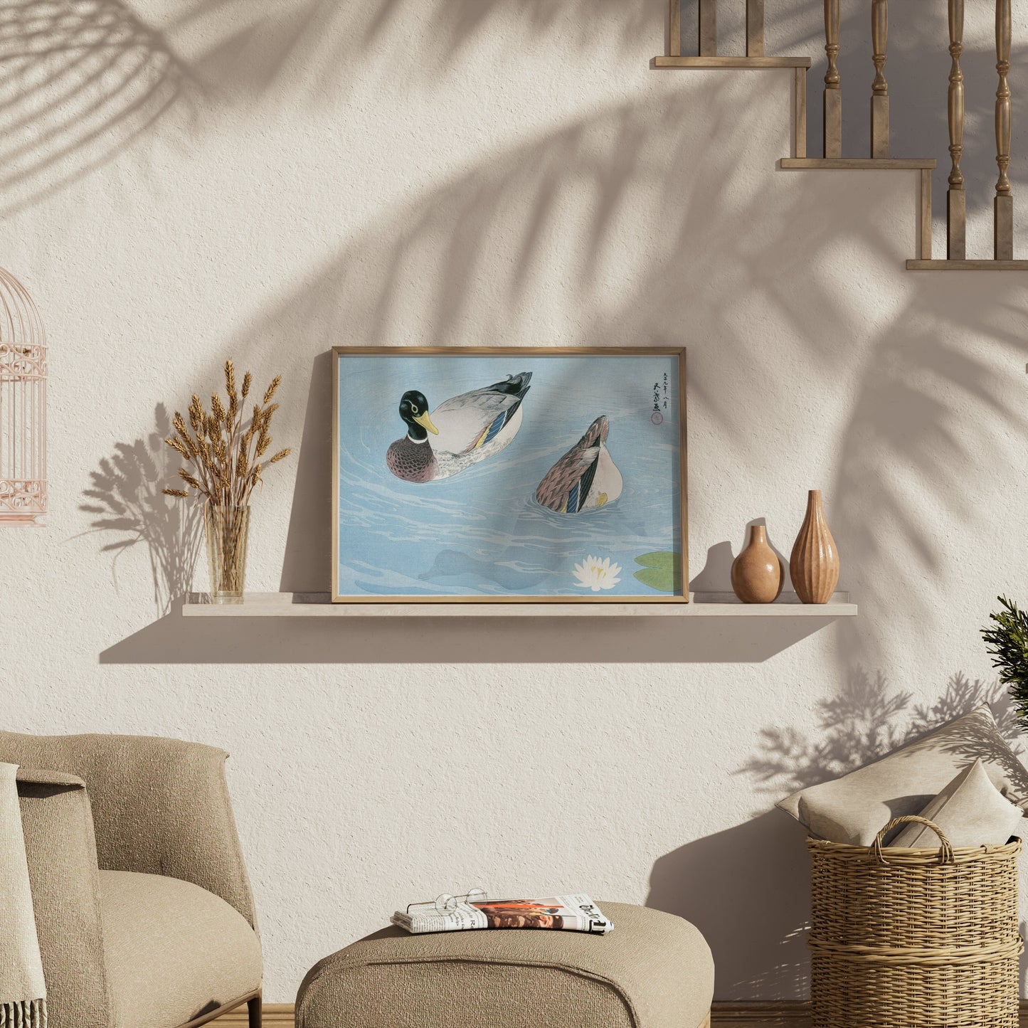 Premium Poster of Japanese Art Duck Swimming in Pond Water Lily Posters