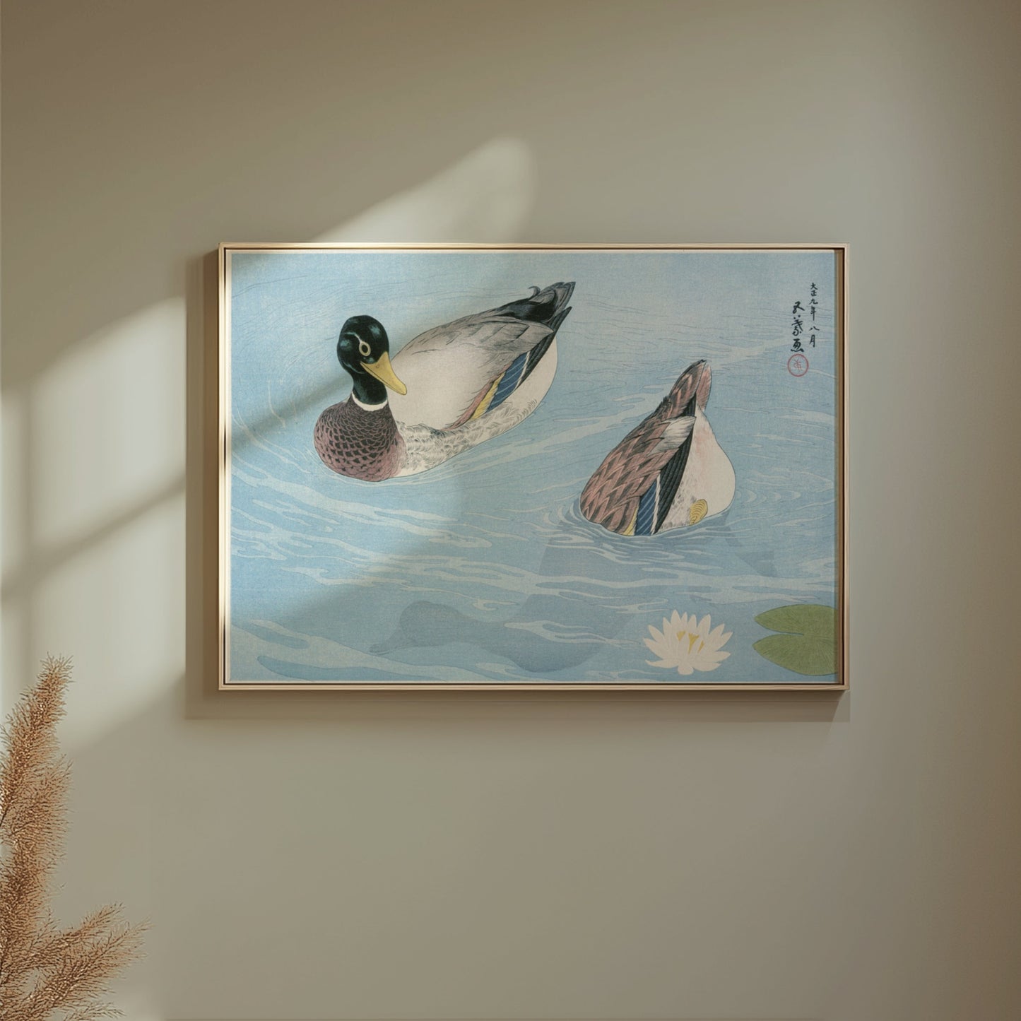 Premium Poster of Japanese Art Duck Swimming in Pond Water Lily Posters