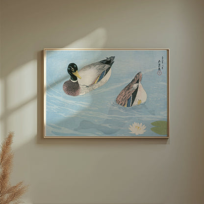 Premium Poster of Japanese Art Duck Swimming in Pond Water Lily Posters
