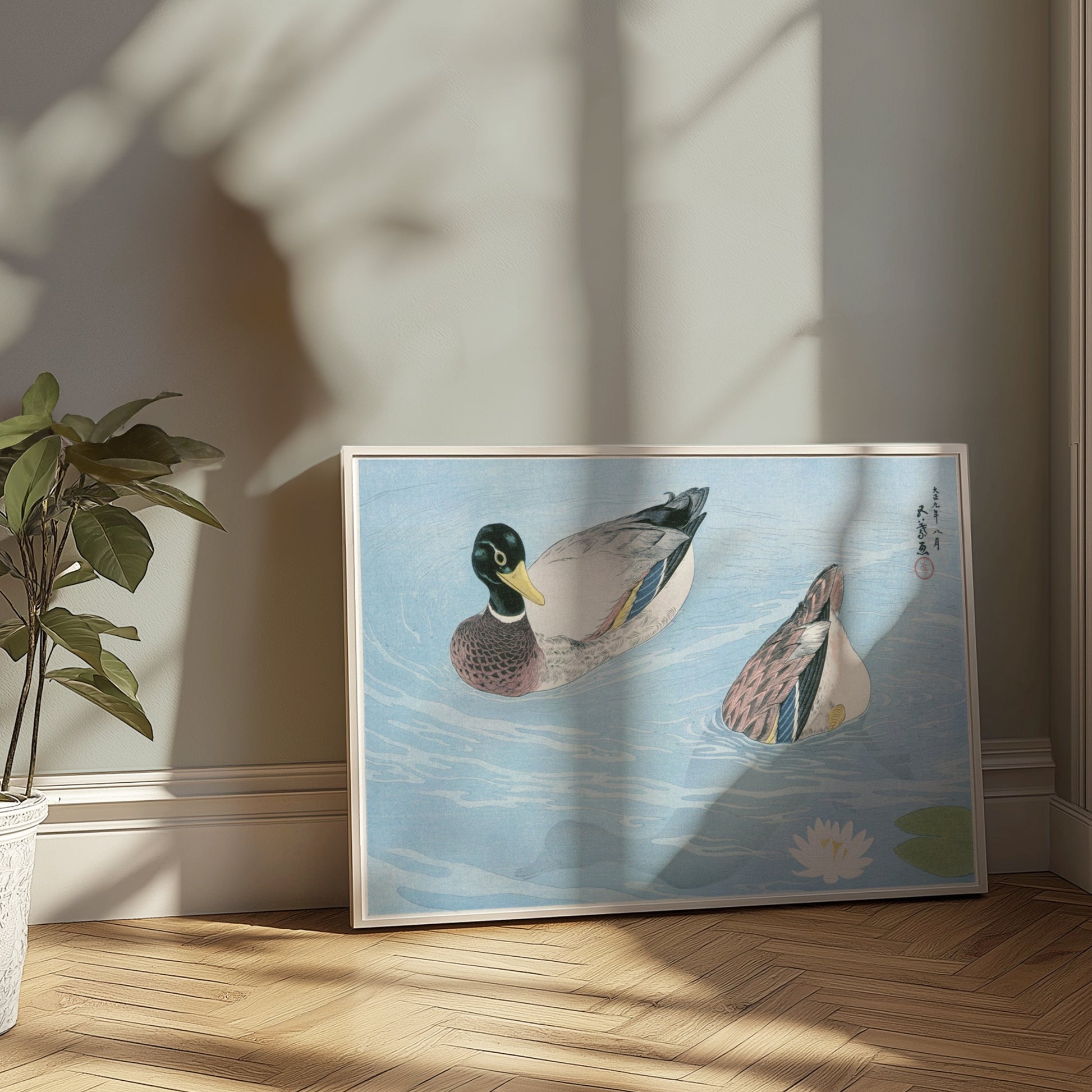 Premium Poster of Japanese Art Duck Swimming in Pond Water Lily Posters