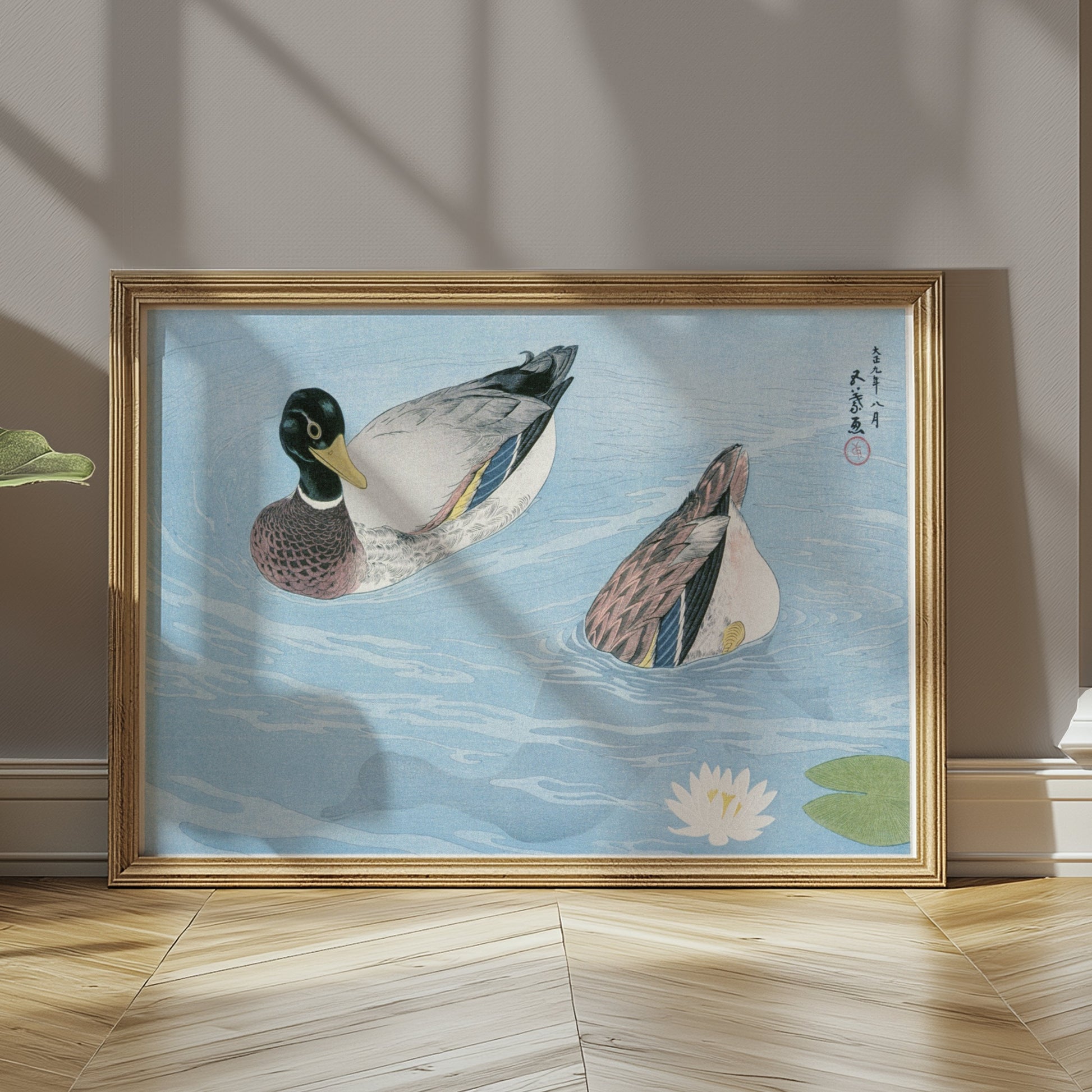 Premium Poster of Japanese Art Duck Swimming in Pond Water Lily Posters