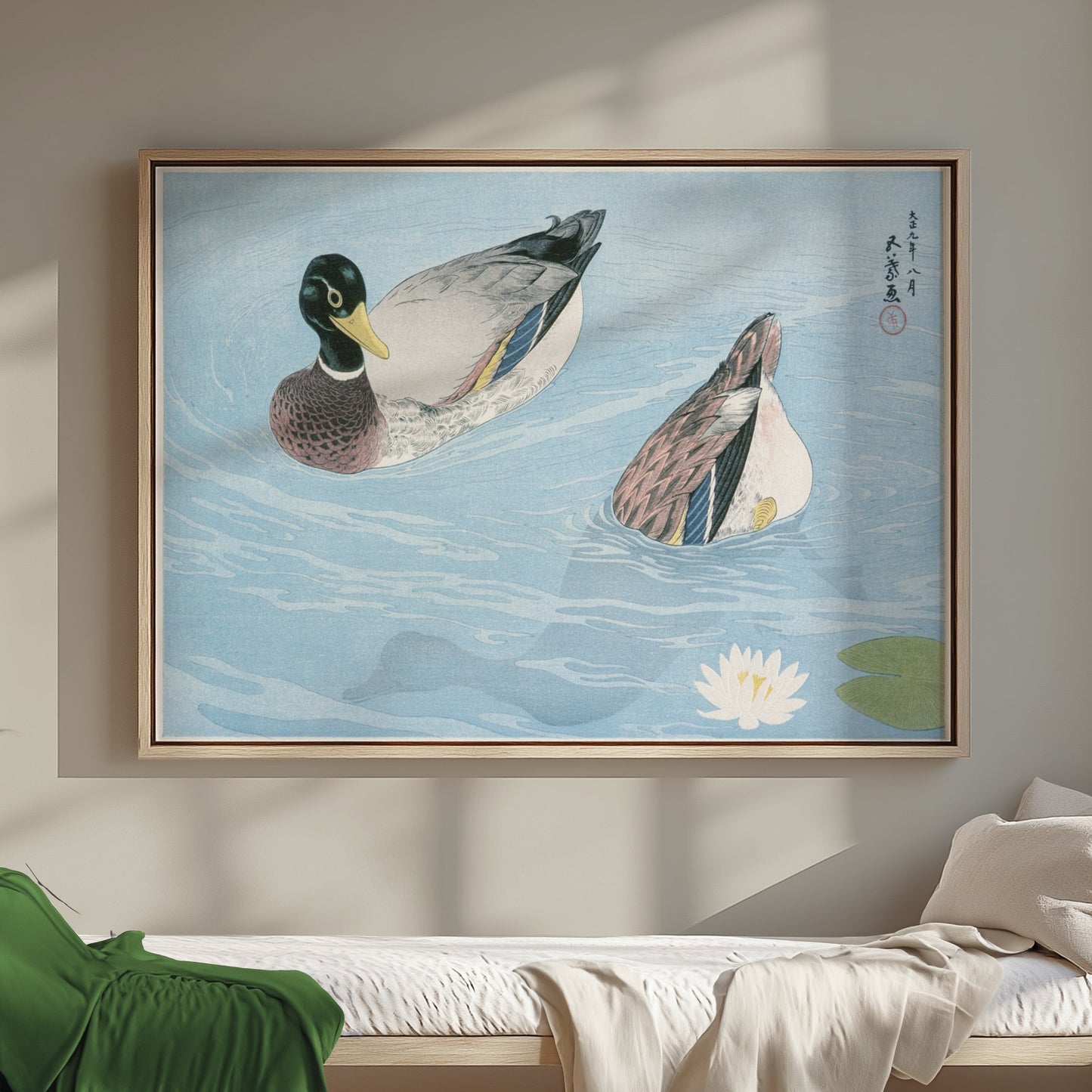 Premium Poster of Japanese Art Duck Swimming in Pond Water Lily Posters