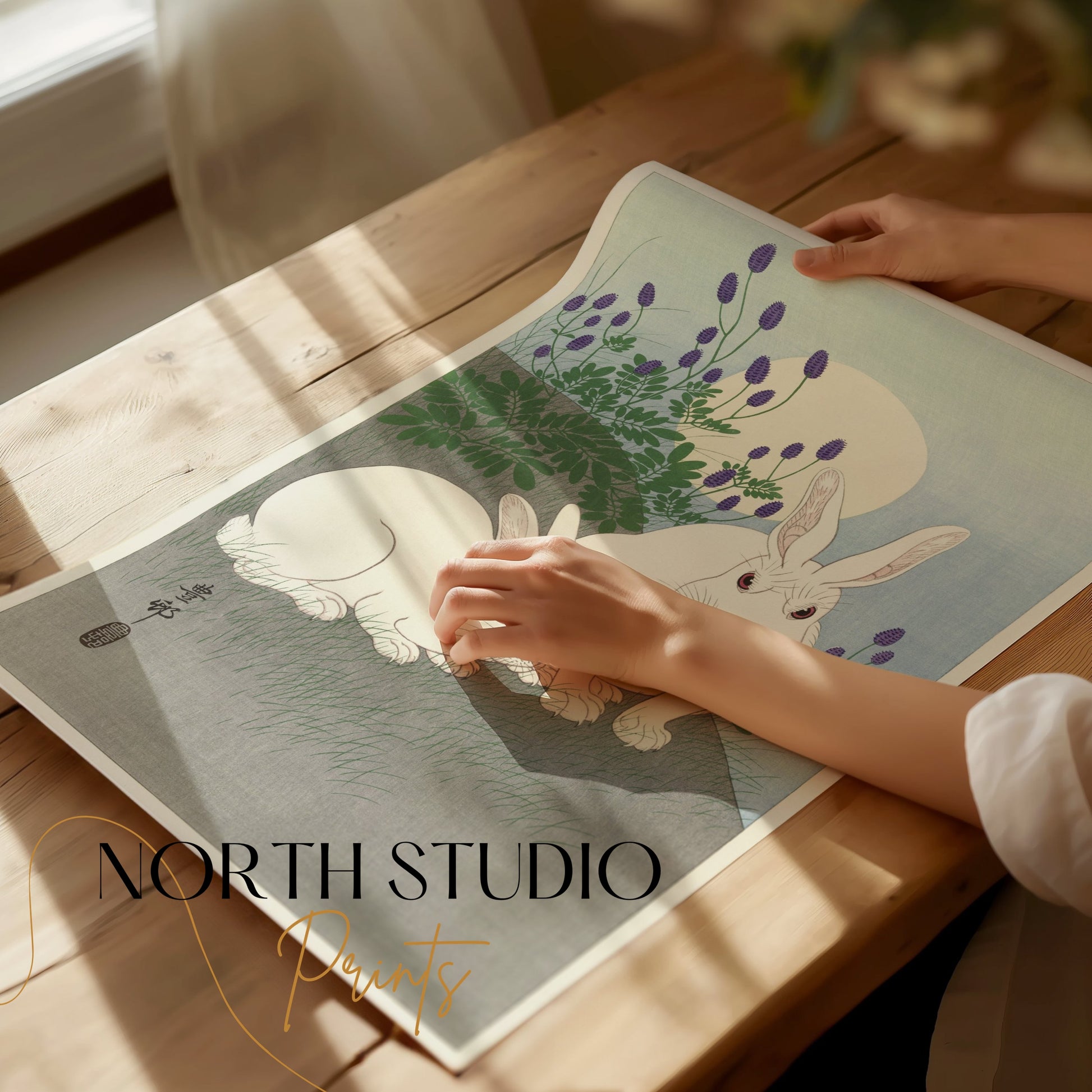 Premium Poster of Japanese Art Print Moonlit Rabbits Scene Posters