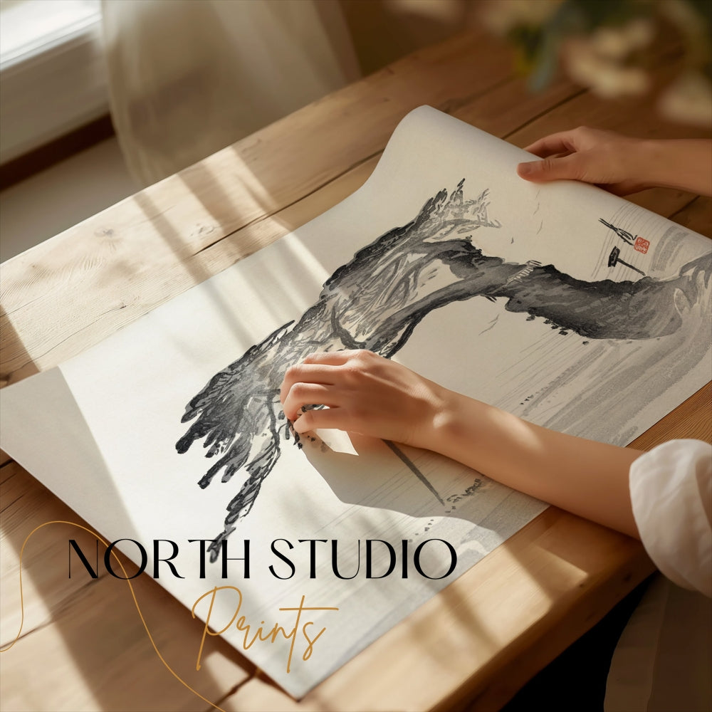Premium Poster of Japanese Calligraphy Art Pine Tree Monochrome Style Posters