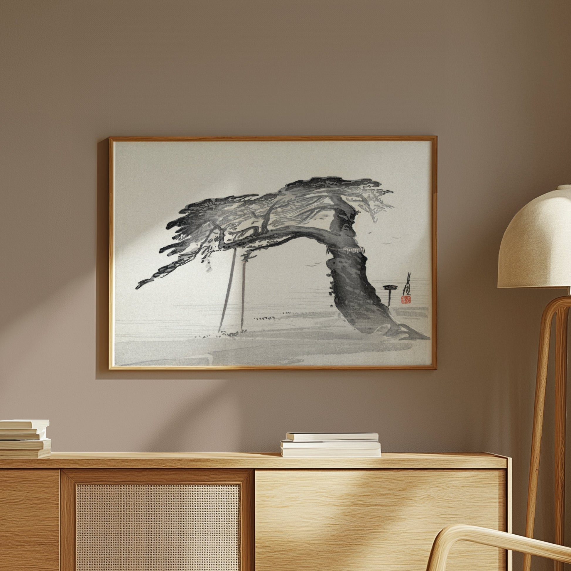 Premium Poster of Japanese Calligraphy Art Pine Tree Monochrome Style Posters