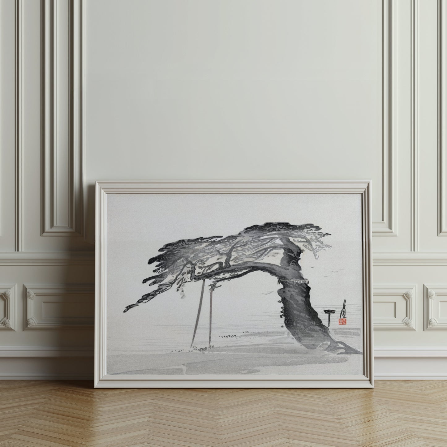 Premium Poster of Japanese Calligraphy Art Pine Tree Monochrome Style Posters