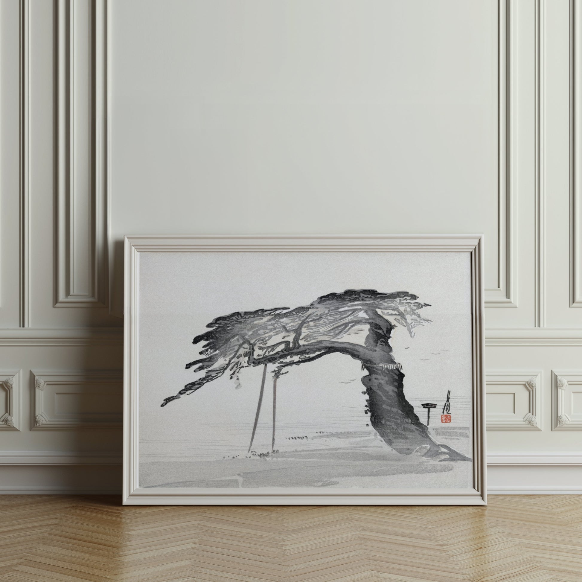 Premium Poster of Japanese Calligraphy Art Pine Tree Monochrome Style Posters