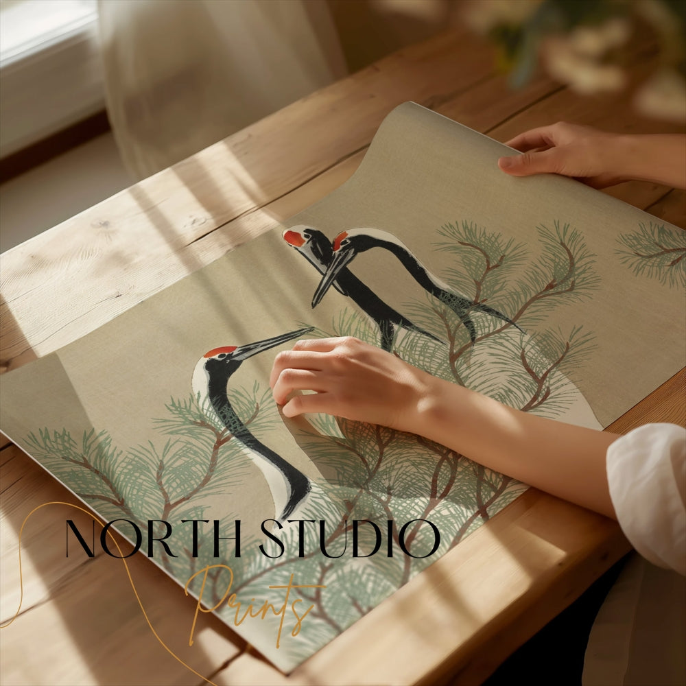 Premium Poster of Japanese Cranes and Pine Tree Artistic Wall Art Posters