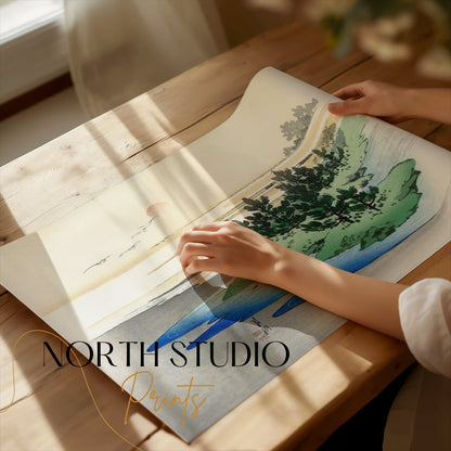 Premium Poster of Japanese Landscape Art with Sunset on Horizon Posters