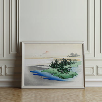 Premium Poster of Japanese Landscape Art with Sunset on Horizon Posters