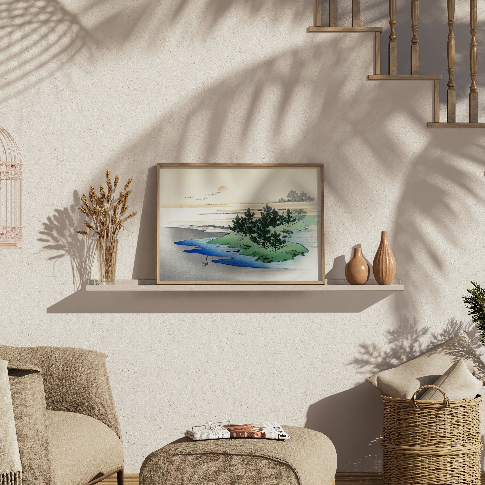 Premium Poster of Japanese Landscape Art with Sunset on Horizon Posters