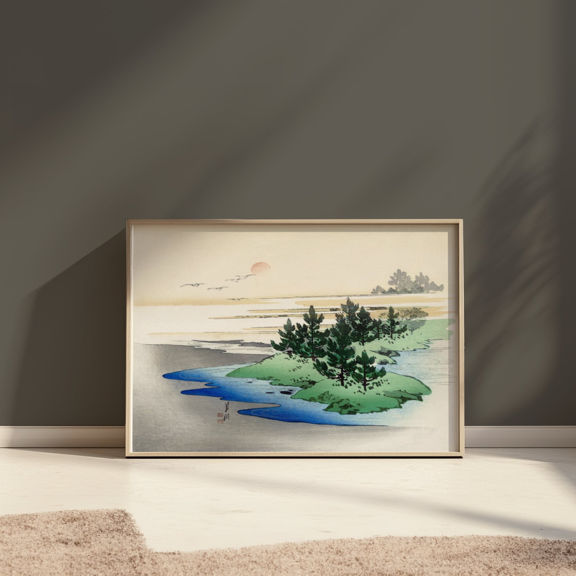 Premium Poster of Japanese Landscape Art with Sunset on Horizon Posters