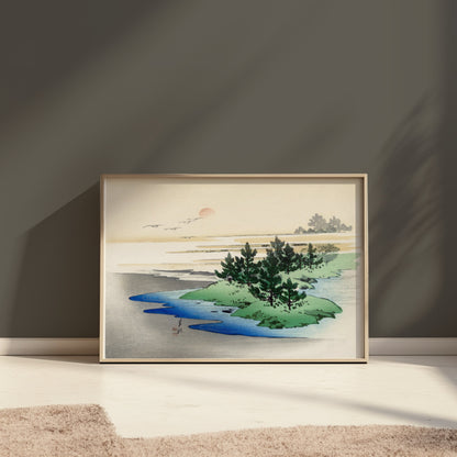 Premium Poster of Japanese Landscape Art with Sunset on Horizon Posters