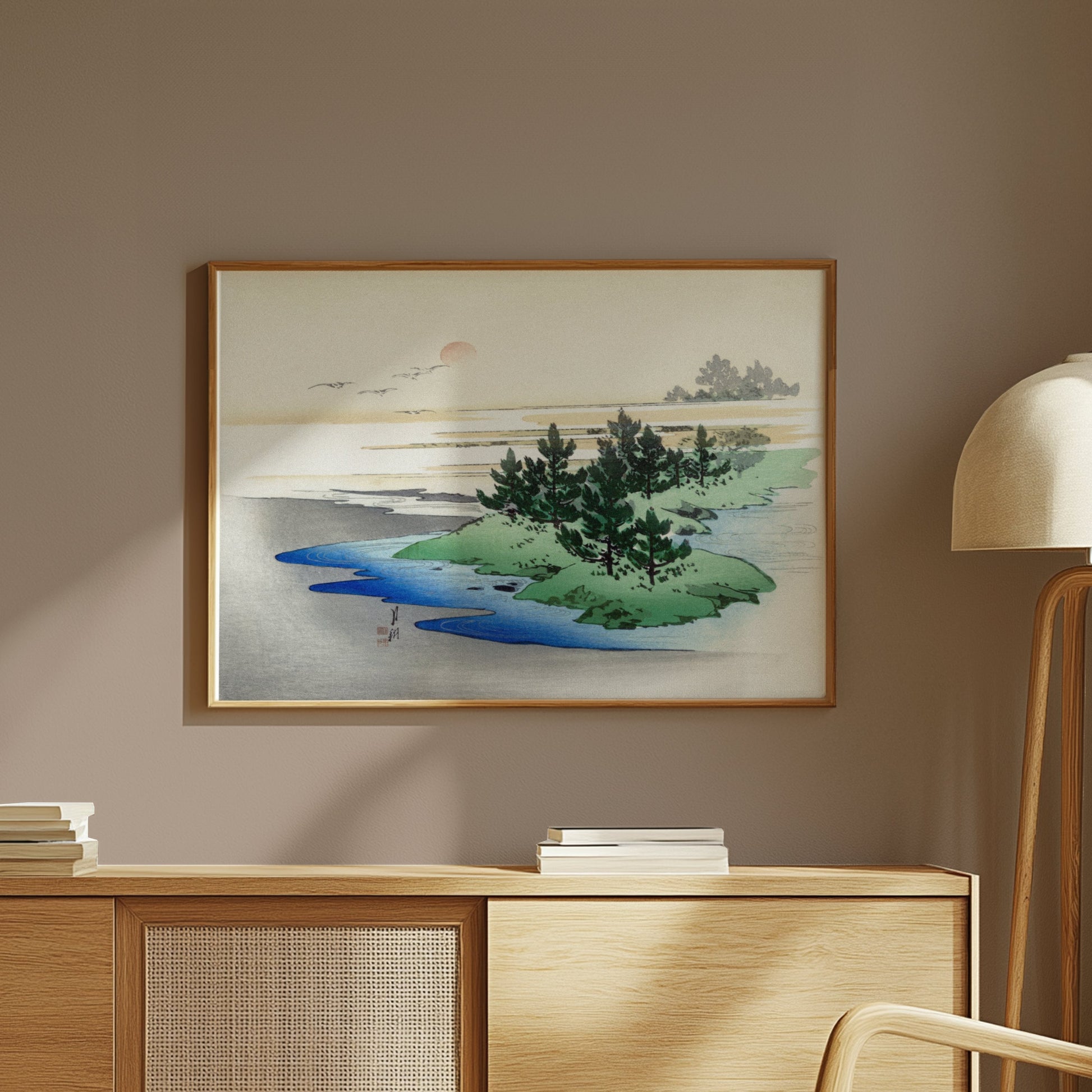 Premium Poster of Japanese Landscape Art with Sunset on Horizon Posters