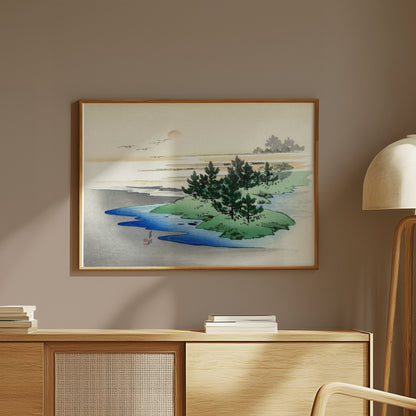 Premium Poster of Japanese Landscape Art with Sunset on Horizon Posters