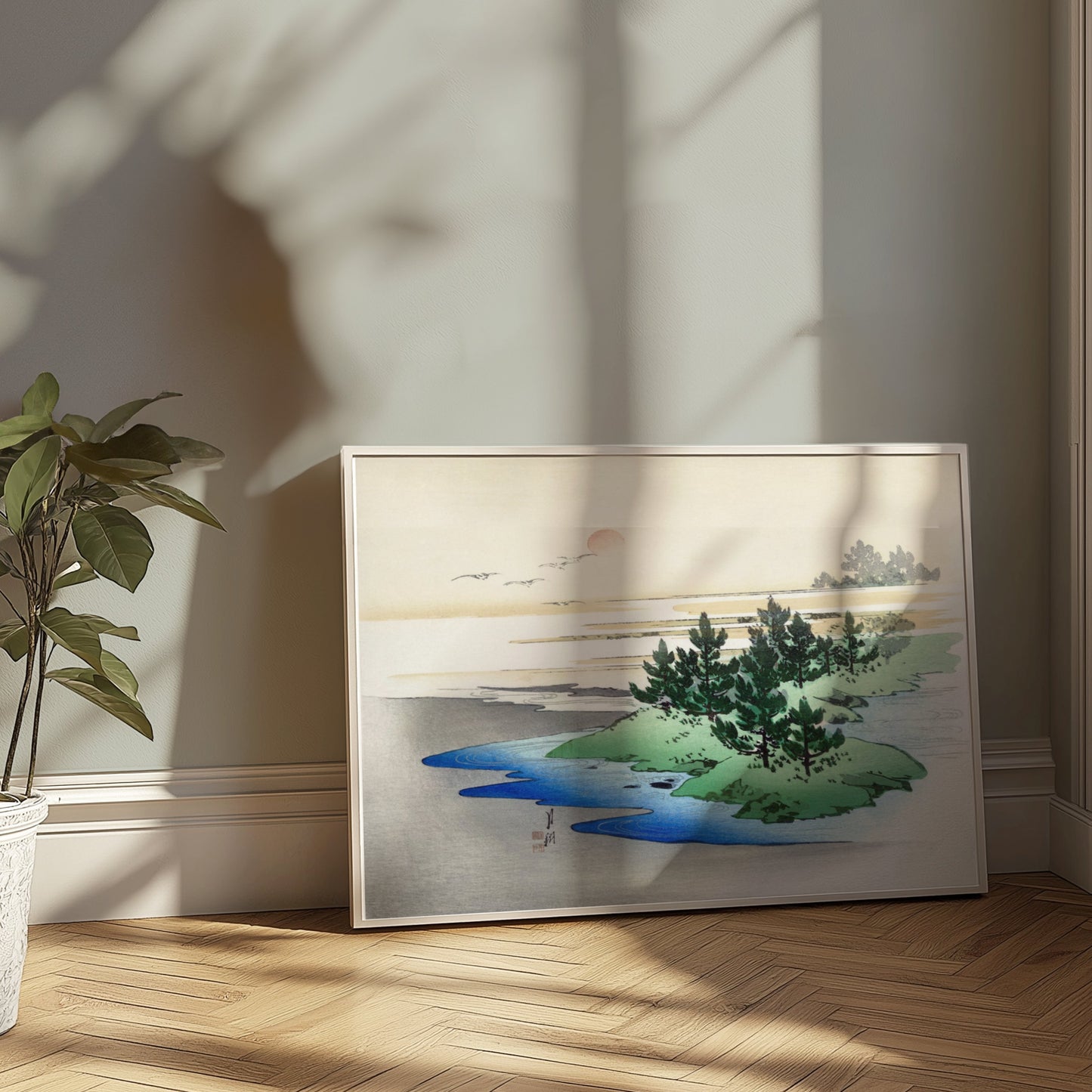 Premium Poster of Japanese Landscape Art with Sunset on Horizon Posters