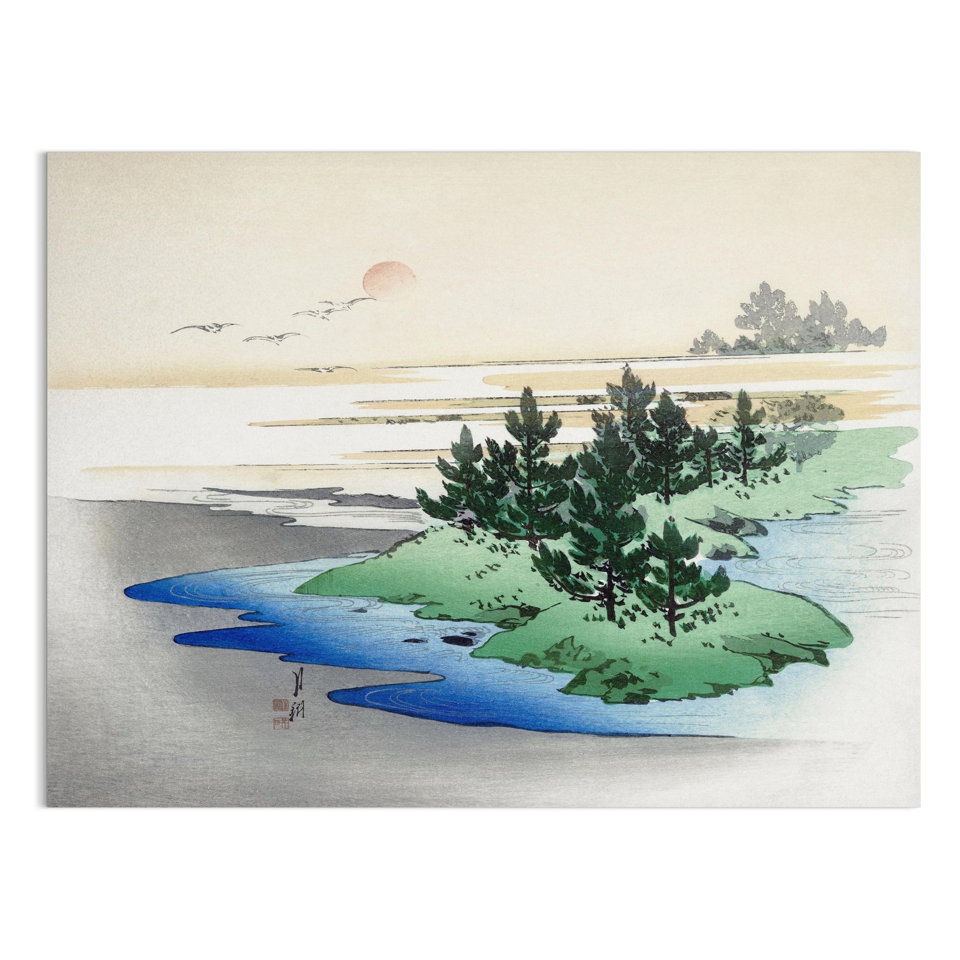 Premium Poster of Japanese Landscape Art with Sunset on Horizon Posters
