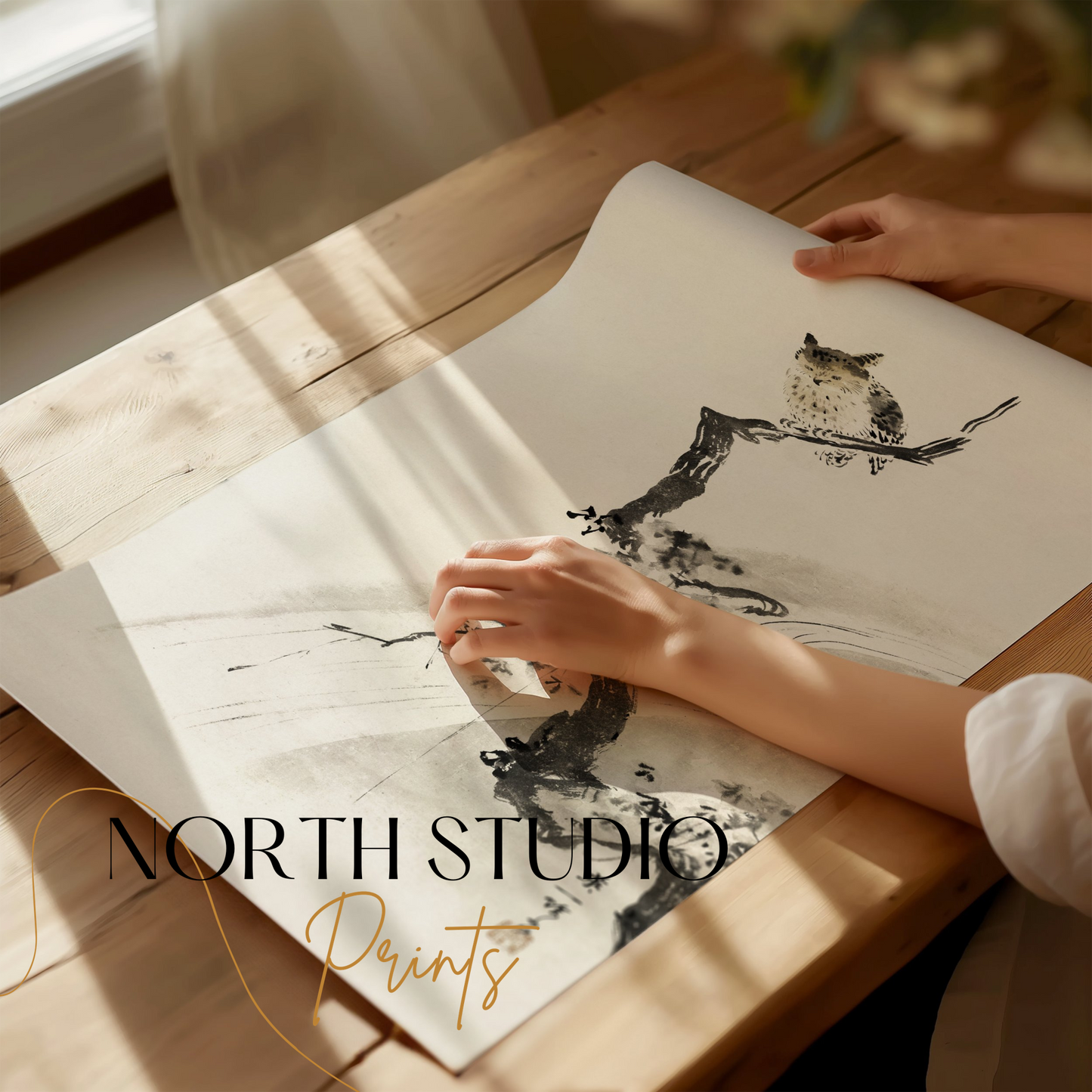 Premium Poster of Japanese Owl Sitting on Branch in Minimalist Art Posters