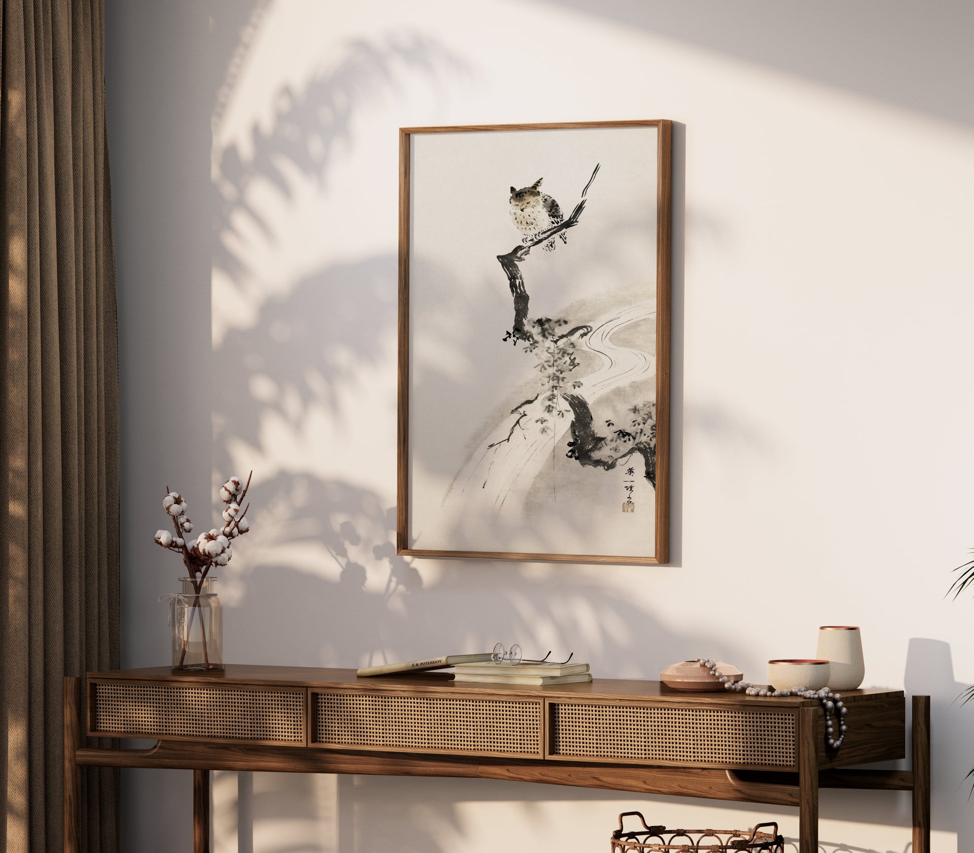 Premium Poster of Japanese Owl Sitting on Branch in Minimalist Art Posters