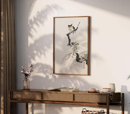 Premium Poster of Japanese Owl Sitting on Branch in Minimalist Art Posters
