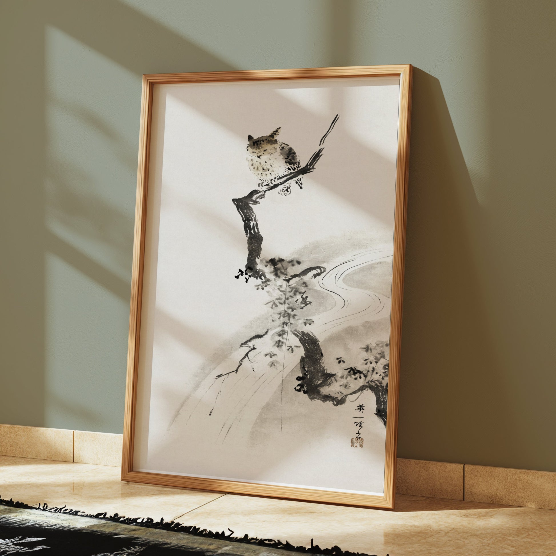 Premium Poster of Japanese Owl Sitting on Branch in Minimalist Art Posters
