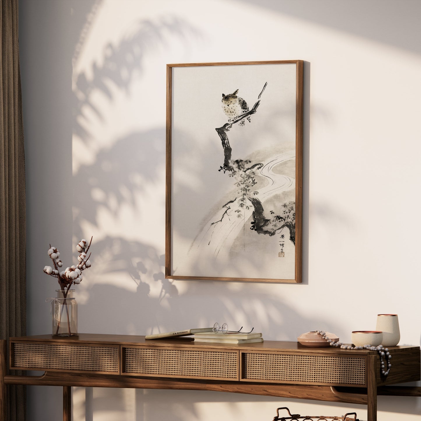 Premium Poster of Japanese Owl Sitting on Branch in Minimalist Art Posters