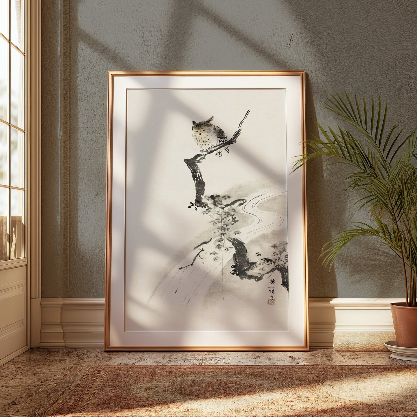Premium Poster of Japanese Owl Sitting on Branch in Minimalist Art Posters