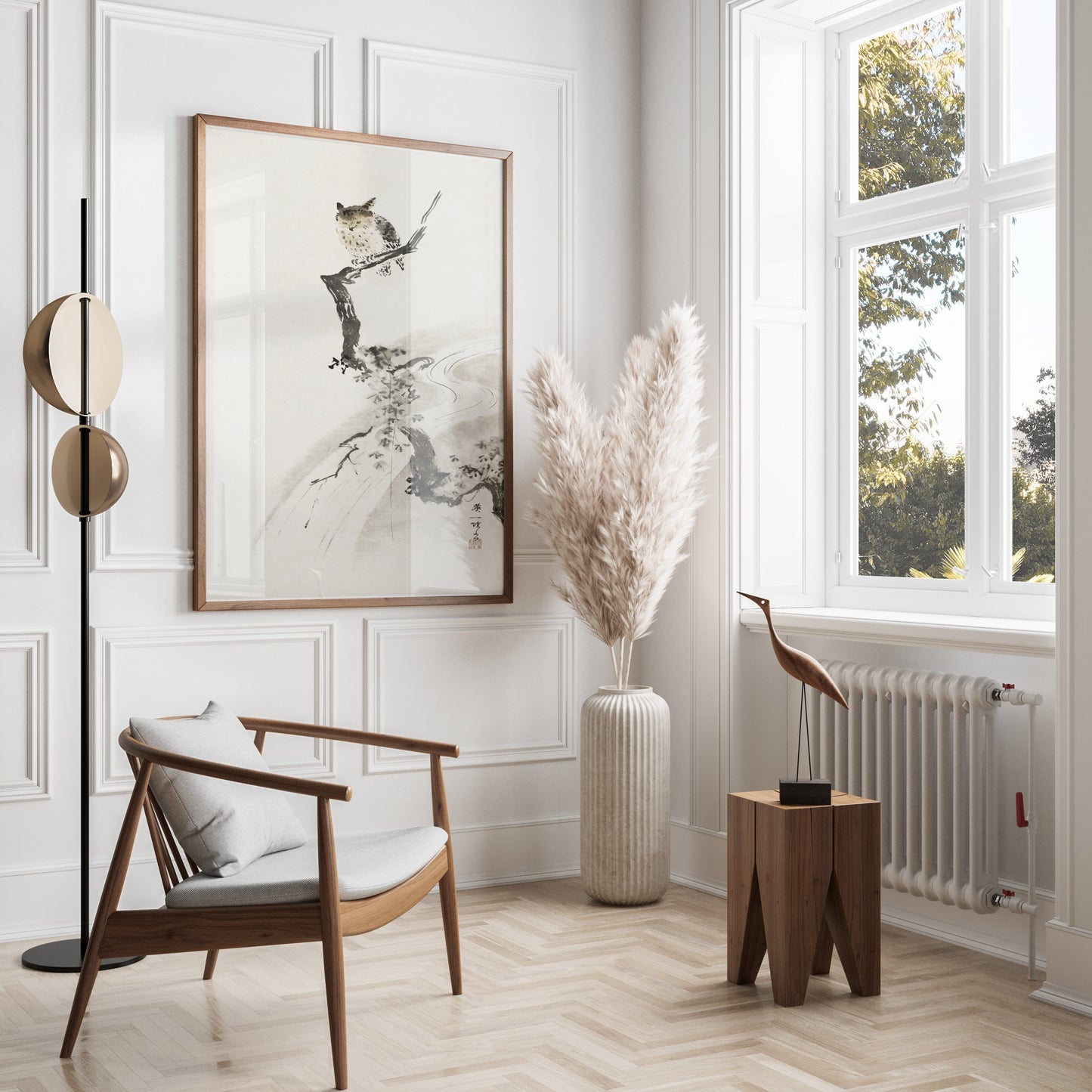 Premium Poster of Japanese Owl Sitting on Branch in Minimalist Art Posters