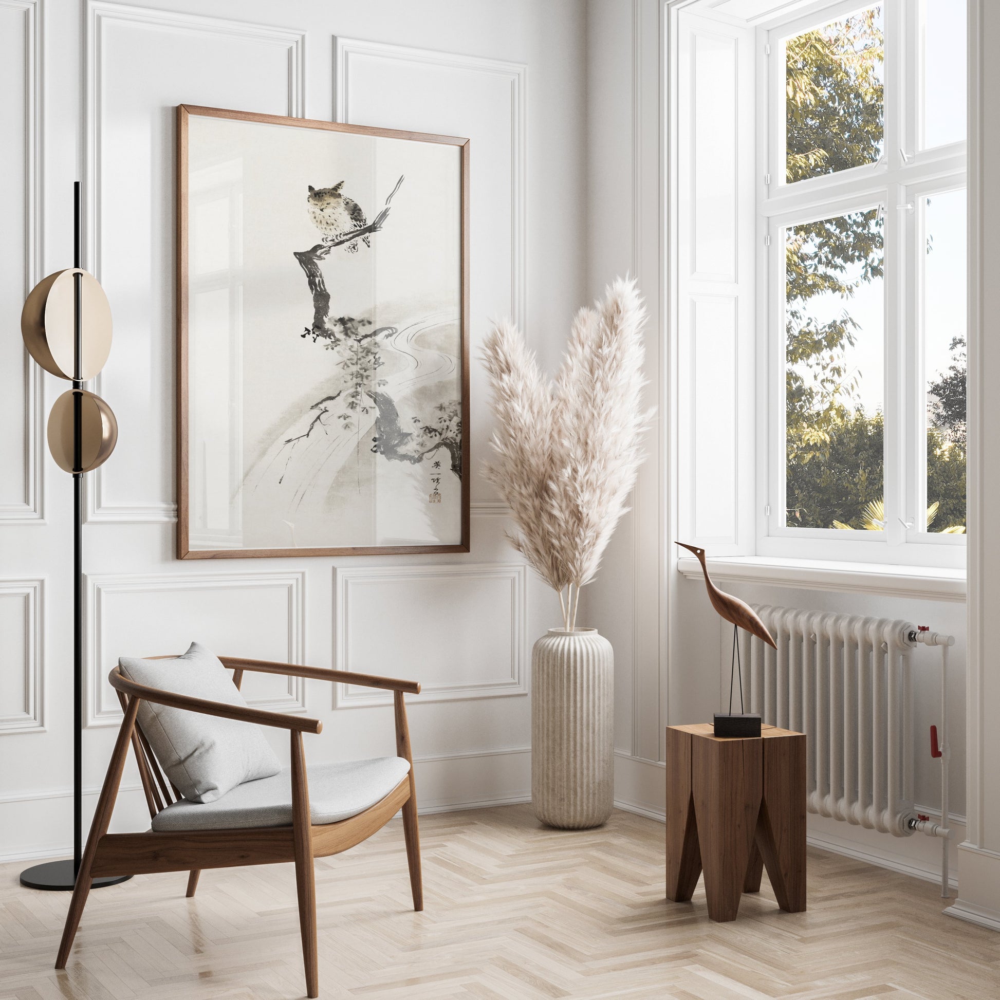 Premium Poster of Japanese Owl Sitting on Branch in Minimalist Art Posters