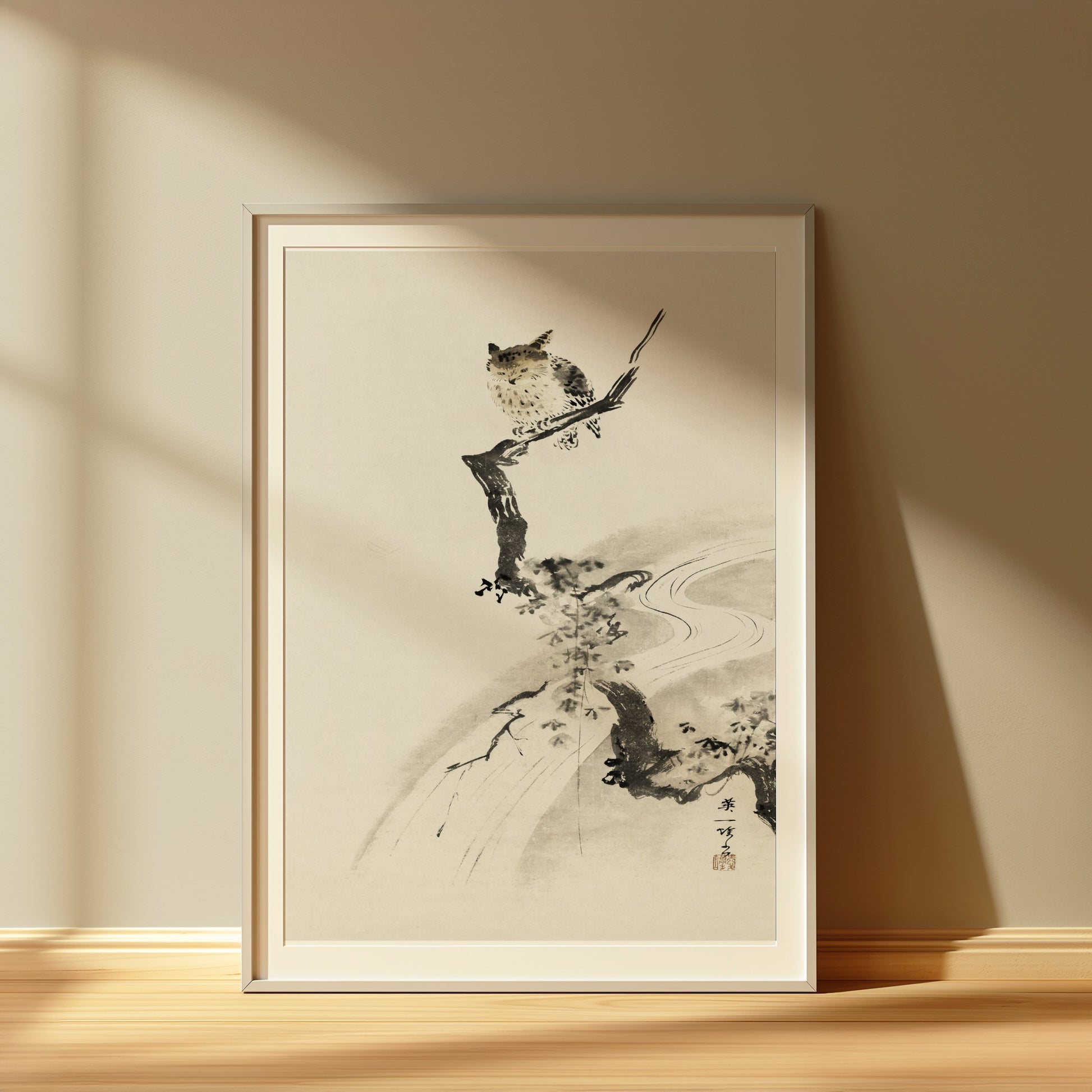 Premium Poster of Japanese Owl Sitting on Branch in Minimalist Art Posters