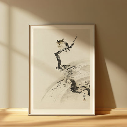 Premium Poster of Japanese Owl Sitting on Branch in Minimalist Art Posters