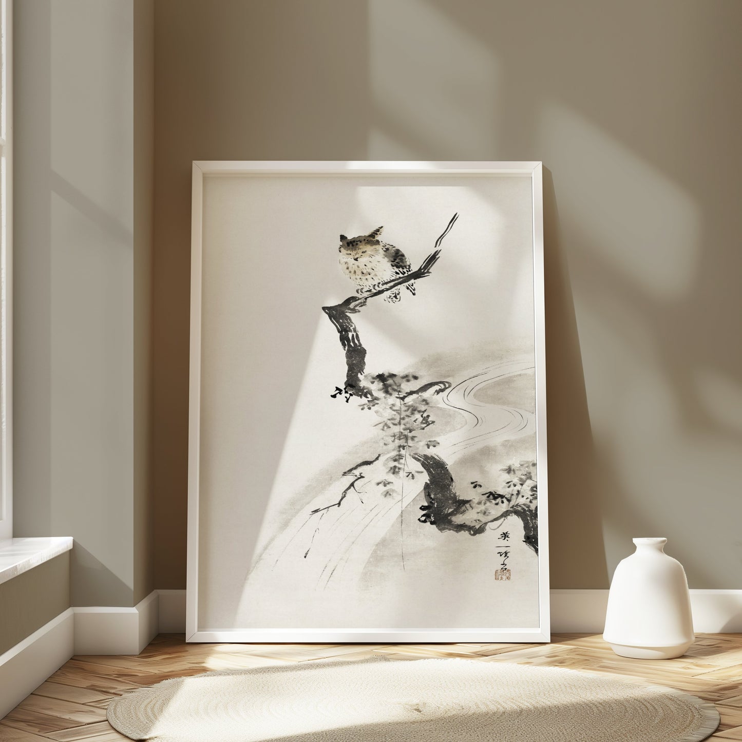 Premium Poster of Japanese Owl Sitting on Branch in Minimalist Art Posters