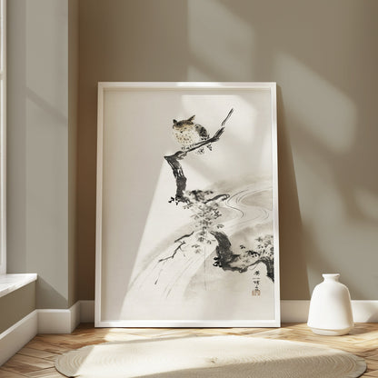 Premium Poster of Japanese Owl Sitting on Branch in Minimalist Art Posters